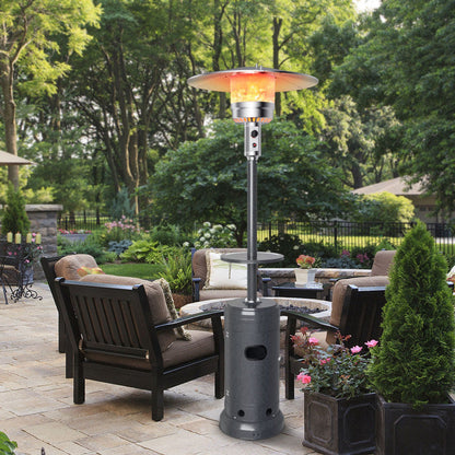 Propane patio heater with glowing burner, round reflector top, and black tank base