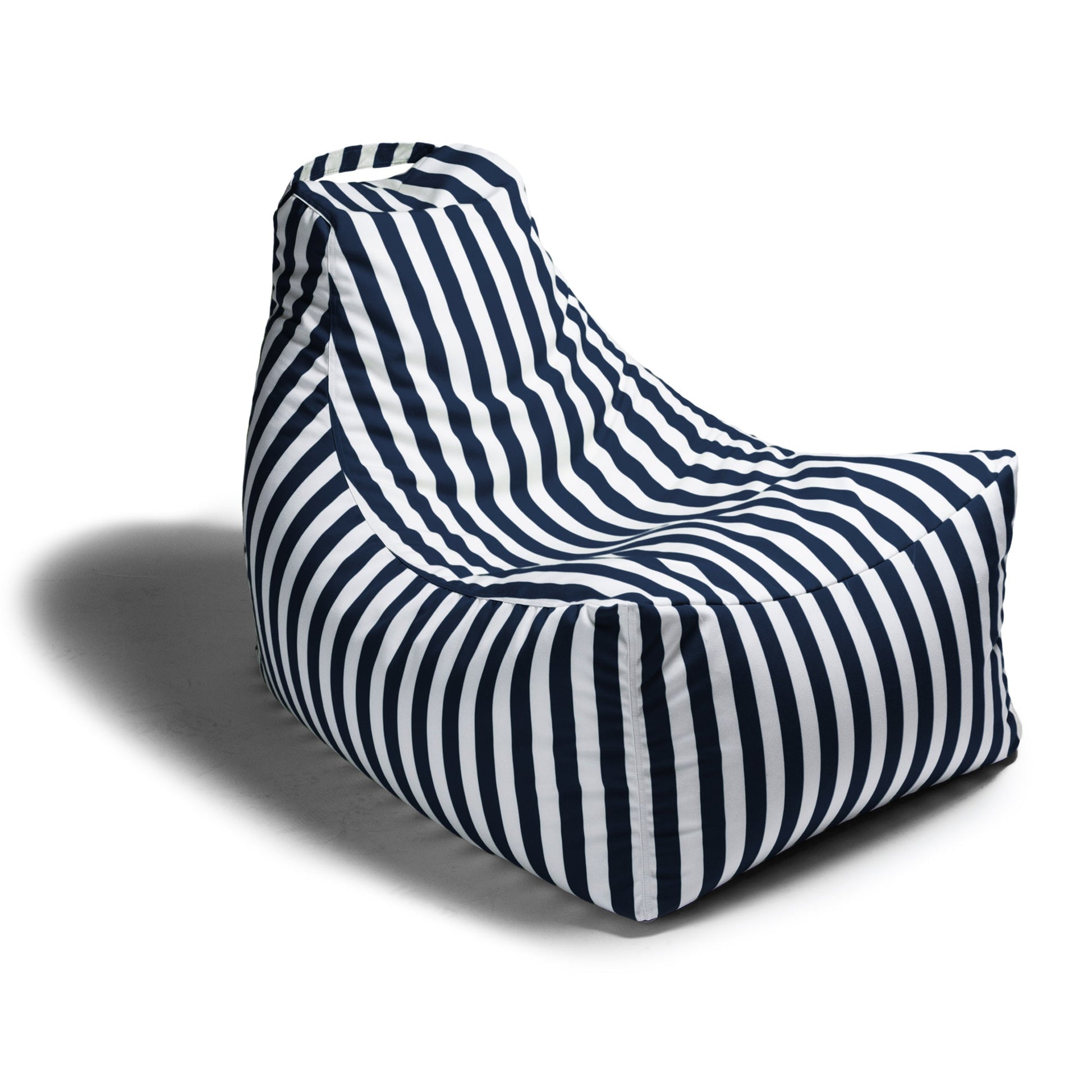 Navy-striped bean bag lounge chair with low scalloped back and cushioned seat
