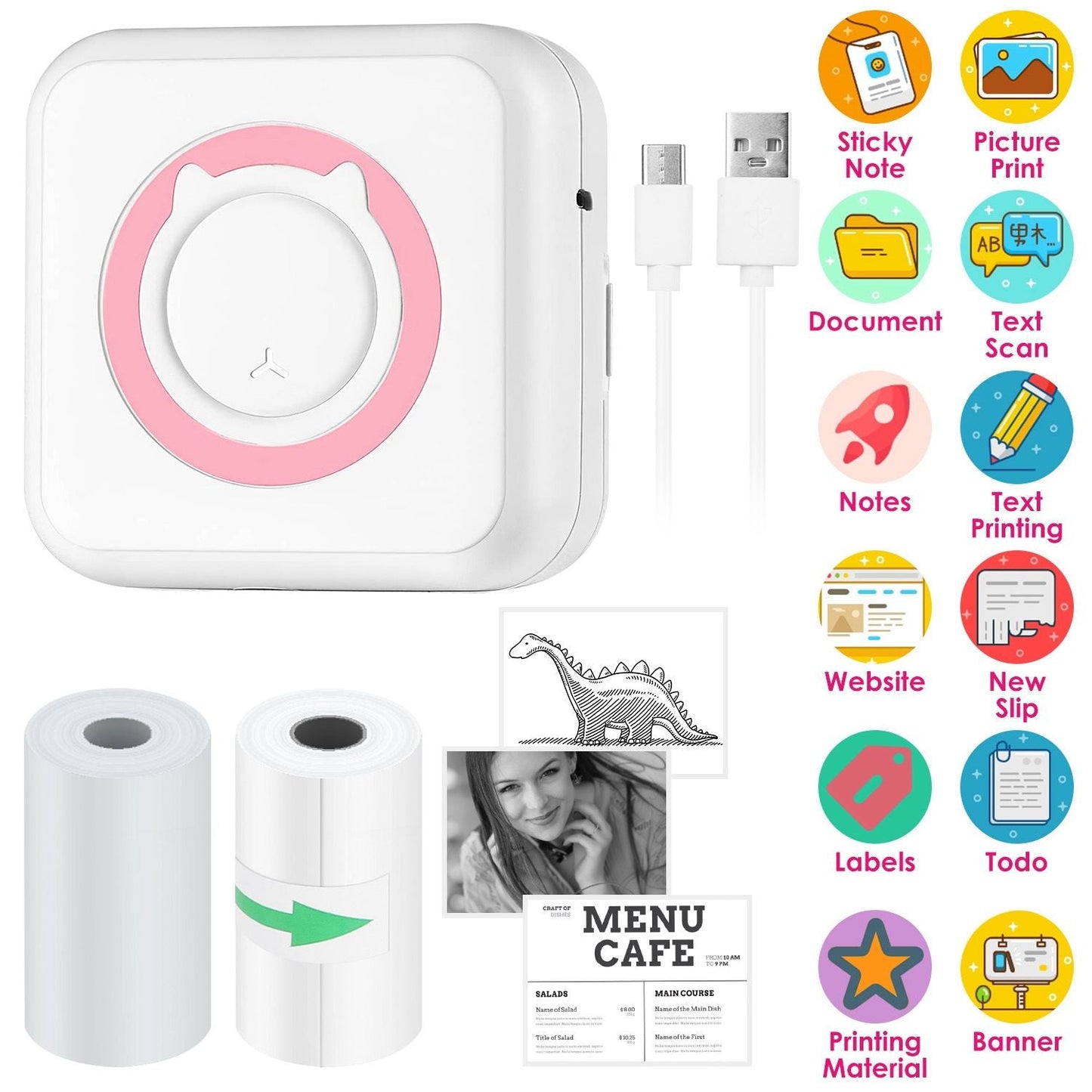 Pocket Wireless Thermal Printer Portable Mini Sticker Maker Machine Rechargeable Inkless Photo Printer for Printing Label Journal Study Notes Memo Photos