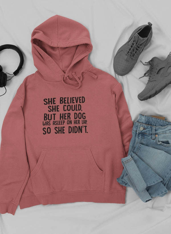 Pink pullover hoodie with hood and kangaroo pocket; chest quote text print