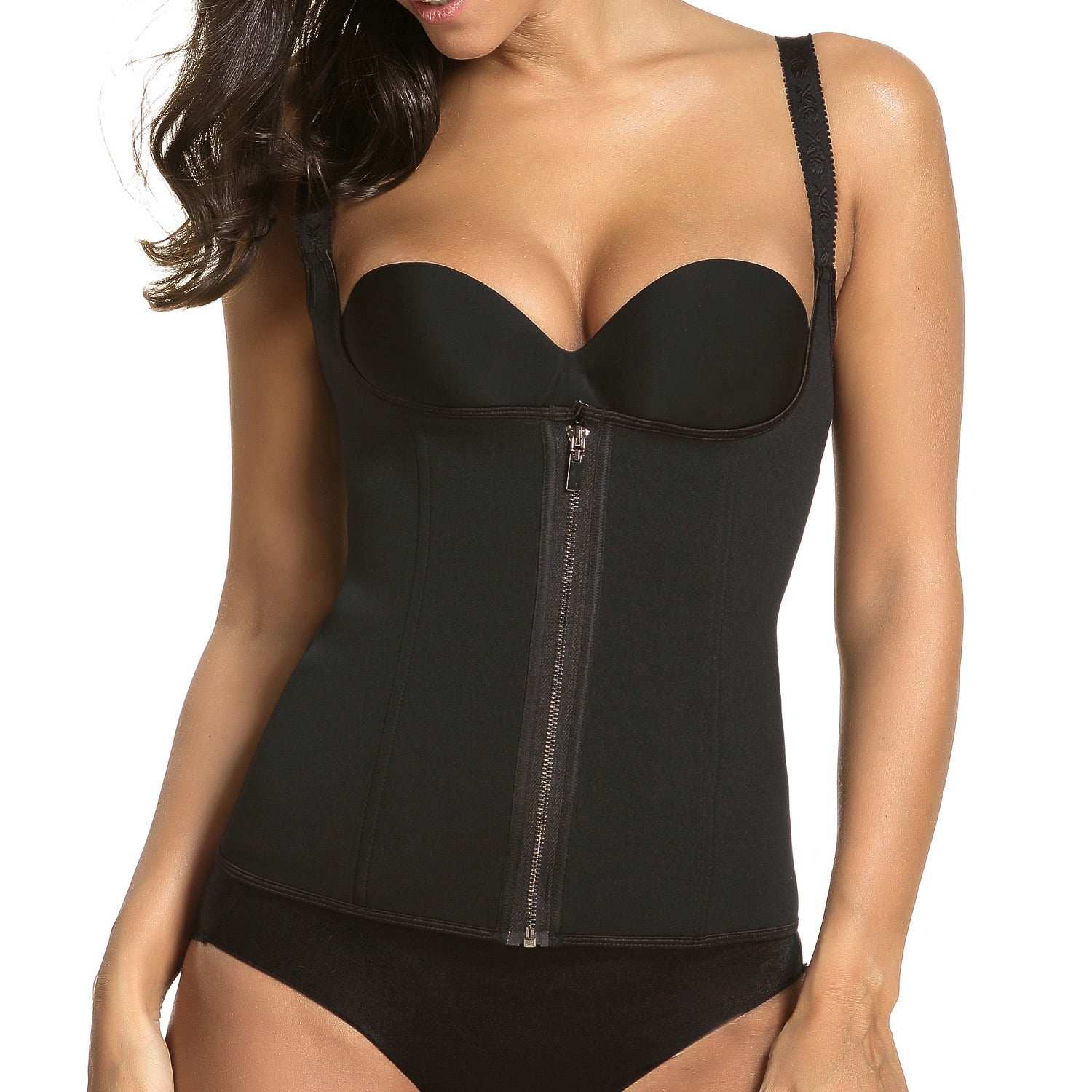 Black waist trainer corset with front zipper and adjustable shoulder straps on model