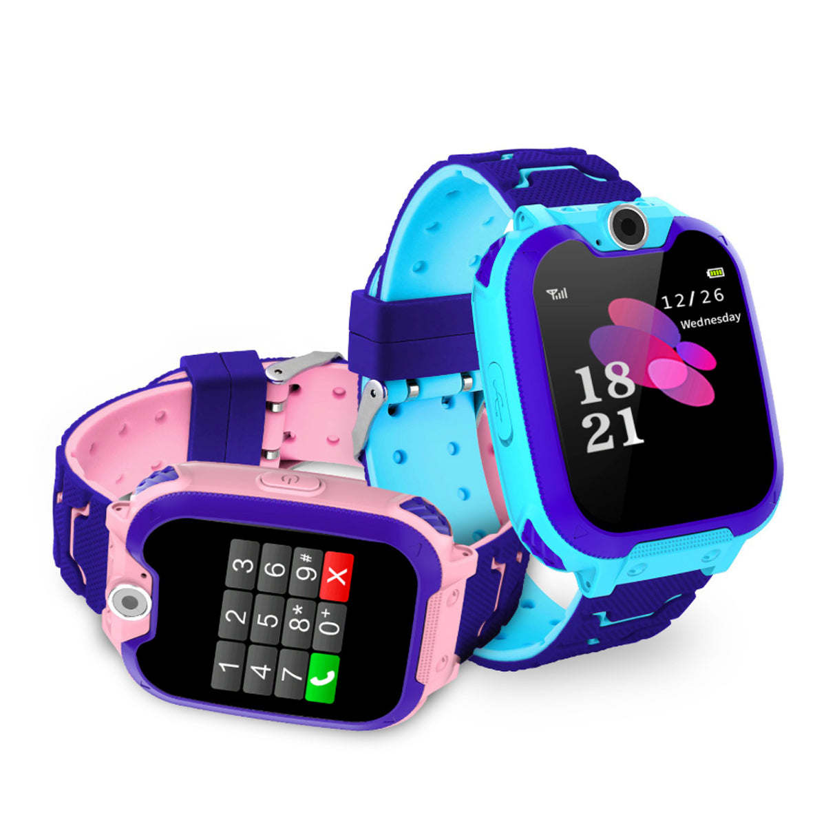 Kid's smart watch with blue screen and purple band, showing 18 and 21 time blocks.