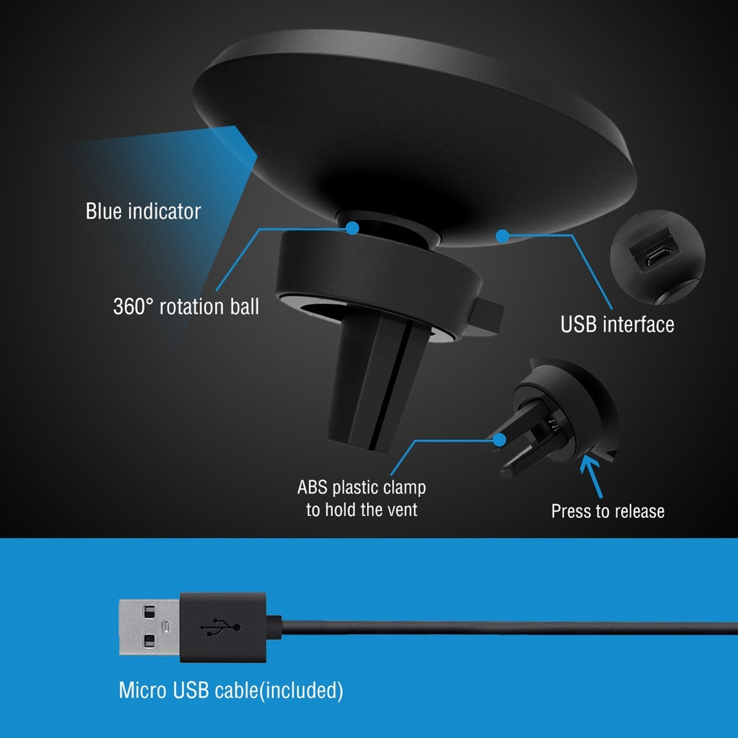 Black wireless car charger mount with USB port and clamp detail