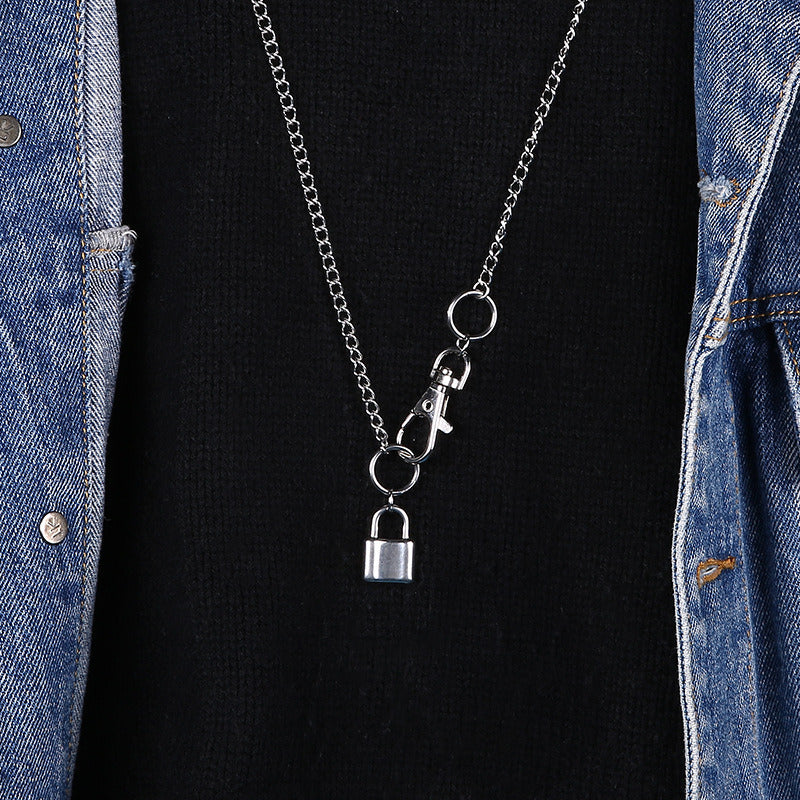 Silver-tone chain necklace with carabiner lock and small padlock charm