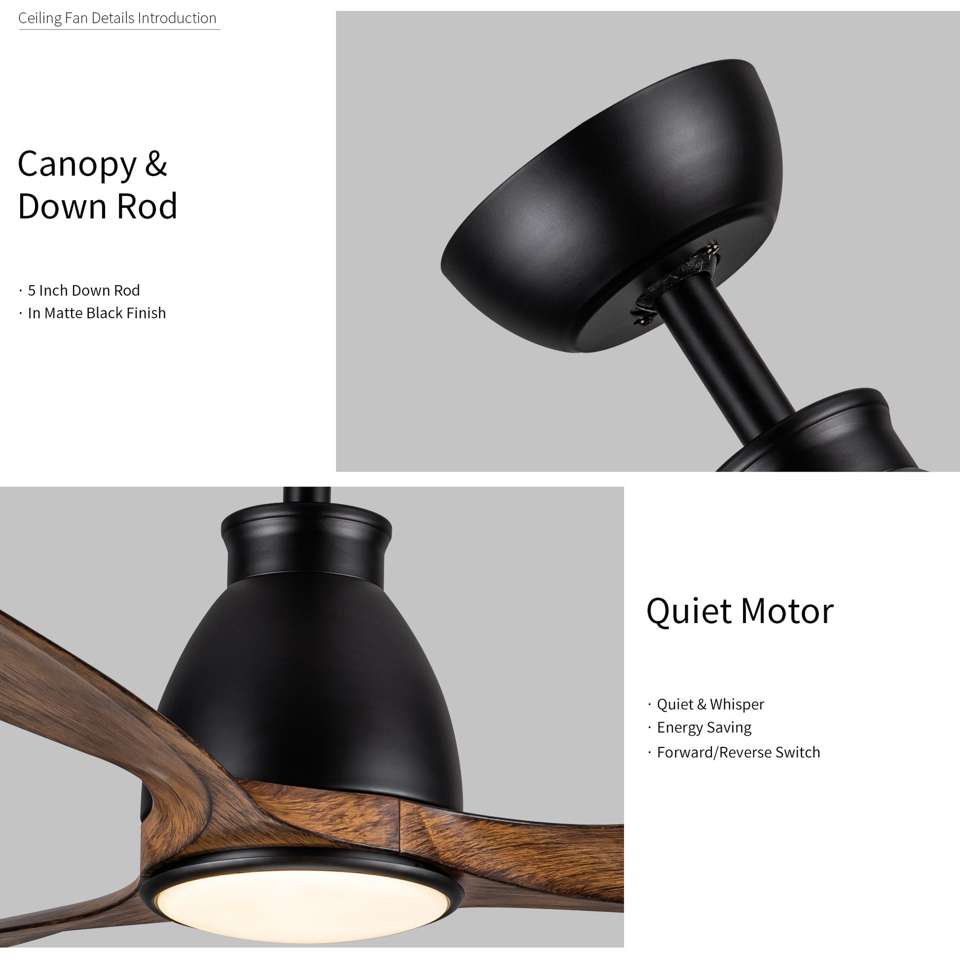 Black ceiling fan motor housing with wood blade and integrated ceiling light