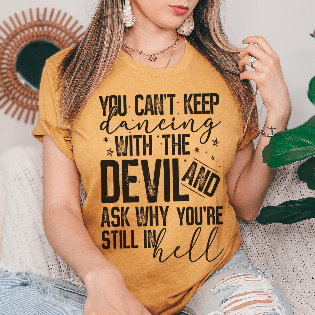 Yellow graphic T-shirt with bold “Devil” text print, crew neck, short sleeves
