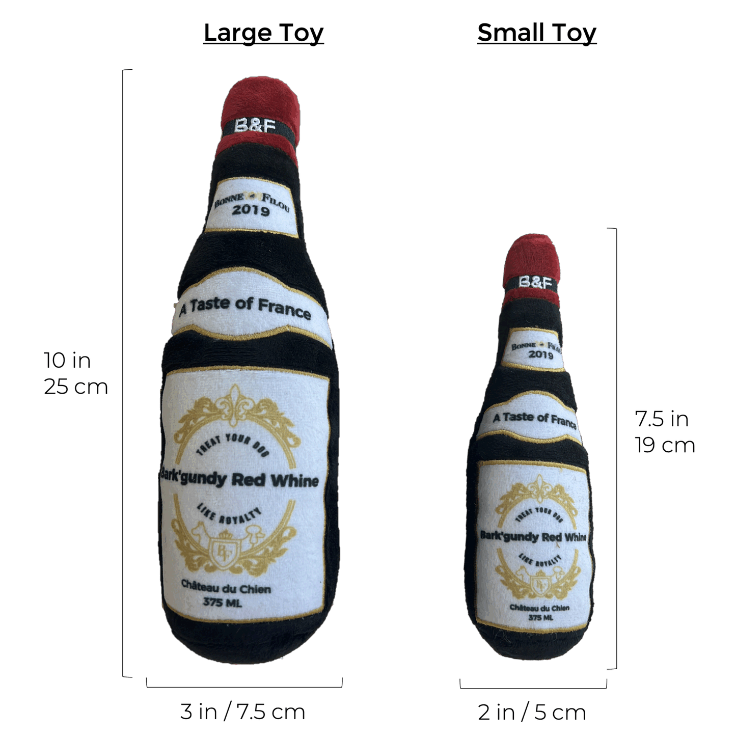 Wine bottle squeaky dog plush toy with size marks: 10in bottle and 2in bottle, red neck