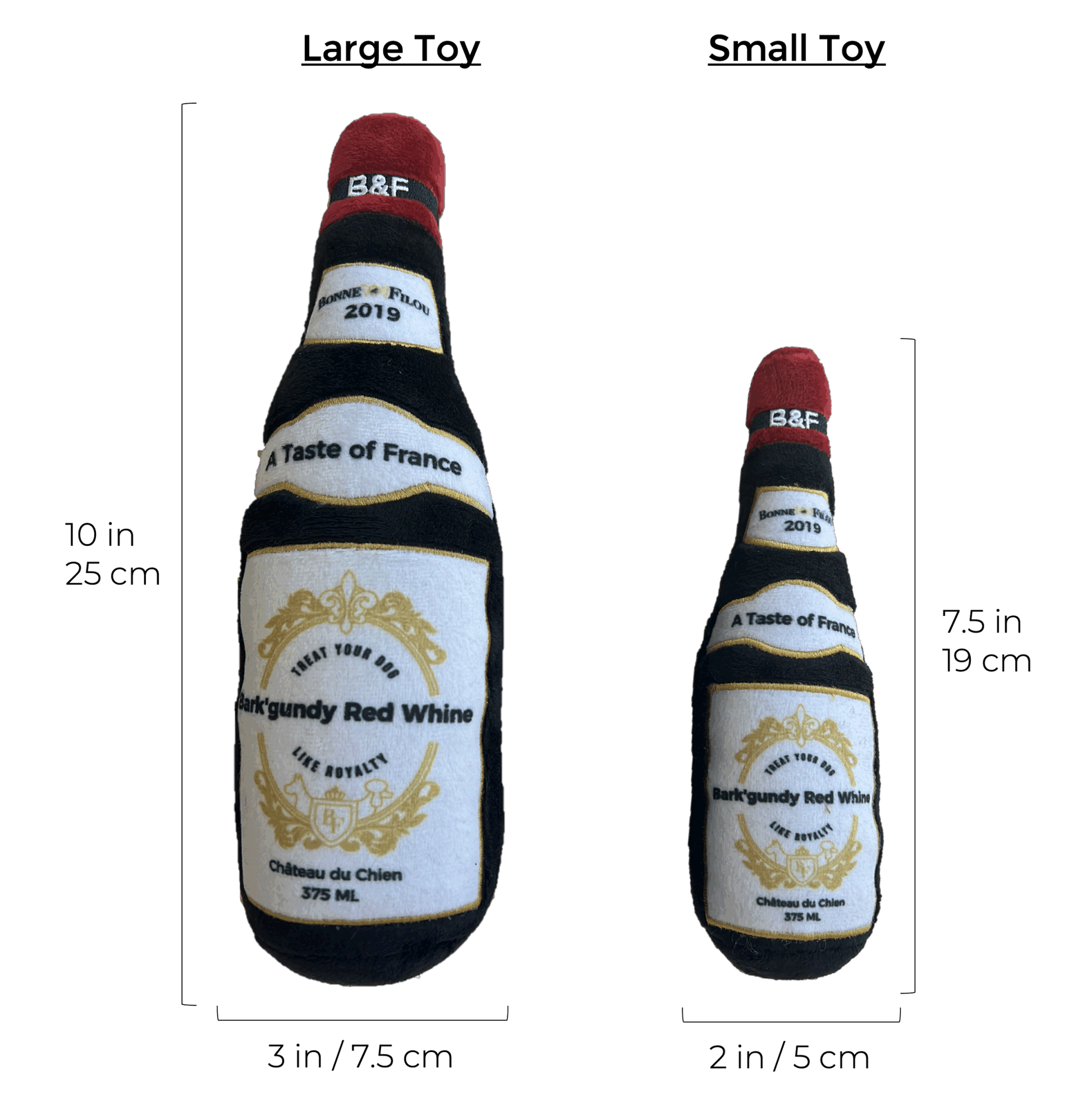 Wine bottle squeaky dog plush toy with size marks: 10in bottle and 2in bottle, red neck