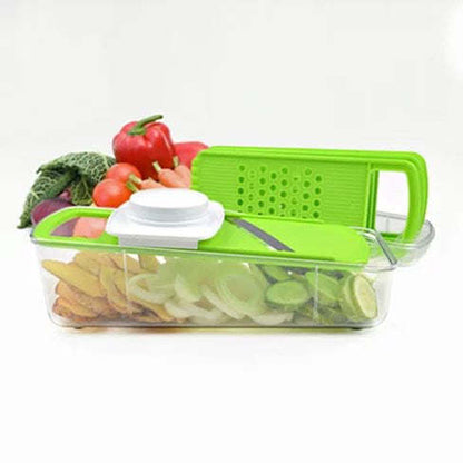 Green 4-in-1 vegetable slicer with clear bin, grating plate, and safety guard