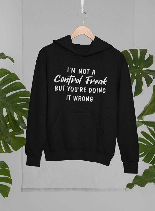 Black heather hoodie with hood and kangaroo pocket, white printed message on chest