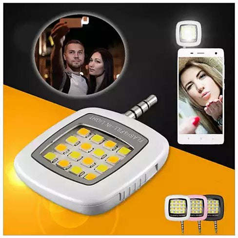 White mini LED selfie photo light with LED panel and smartphone clamp mount
