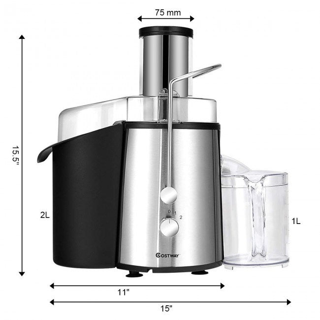 Electric centrifugal juice extractor with measurements and clear juice container and pulp bin