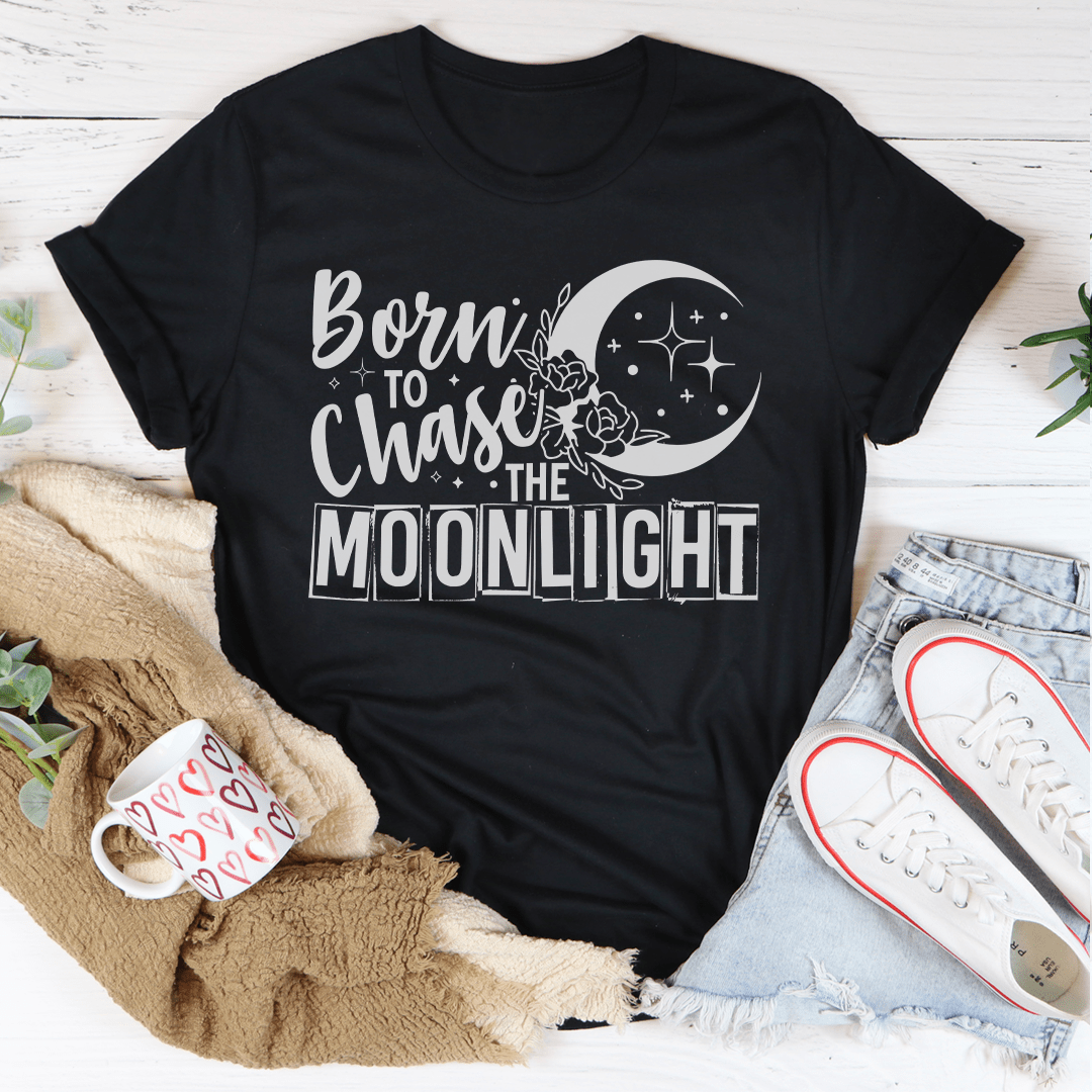 Black short-sleeve T-shirt featuring moon and floral graphic