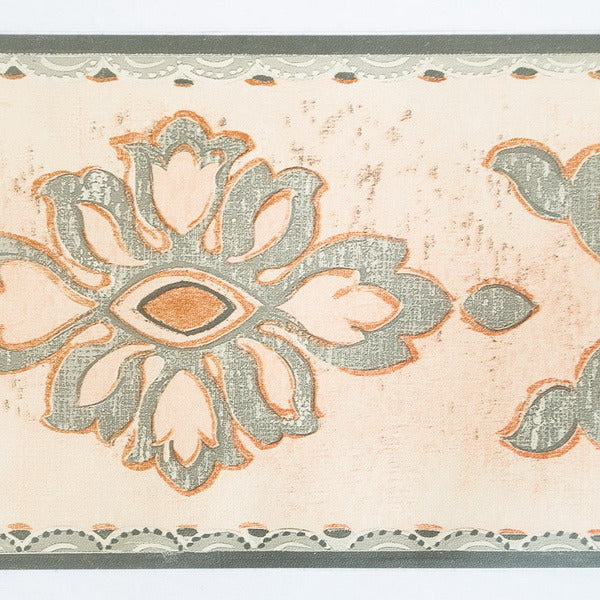 Self-adhesive wallpaper border, beige background with teal floral medallion and trim line