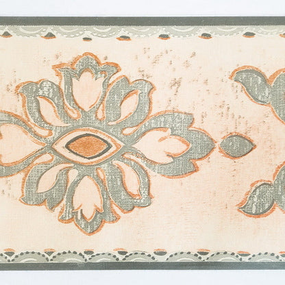 Self-adhesive wallpaper border, beige background with teal floral medallion and trim line