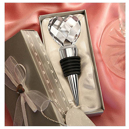 Crystal heart wine stopper with chrome stem and black collar in open gift box