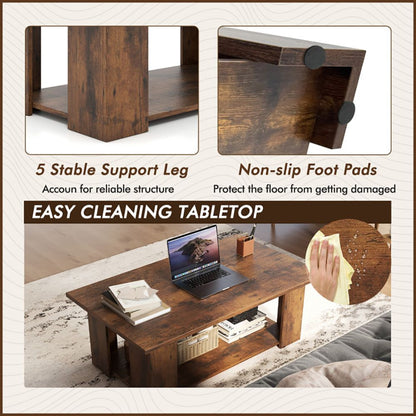 Large 41 Inch 2-tier Wooden Modern Coffee Table with Storage Shelf living room table
