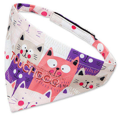 Dog bandana with cat-face print, pink and purple, Velcro neck closure