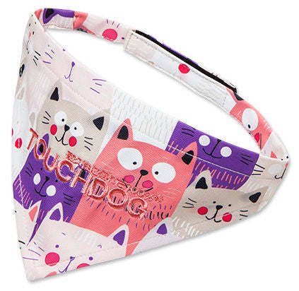 Dog bandana with cat-face print, pink and purple, Velcro neck closure