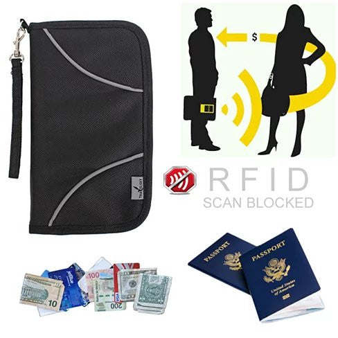 Black passport and credit card protector wallet with zip front and wrist strap