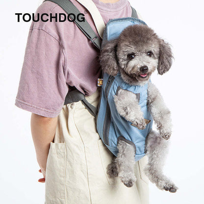 Dog carrier backpack with light blue front panel and mesh, dog in carrier