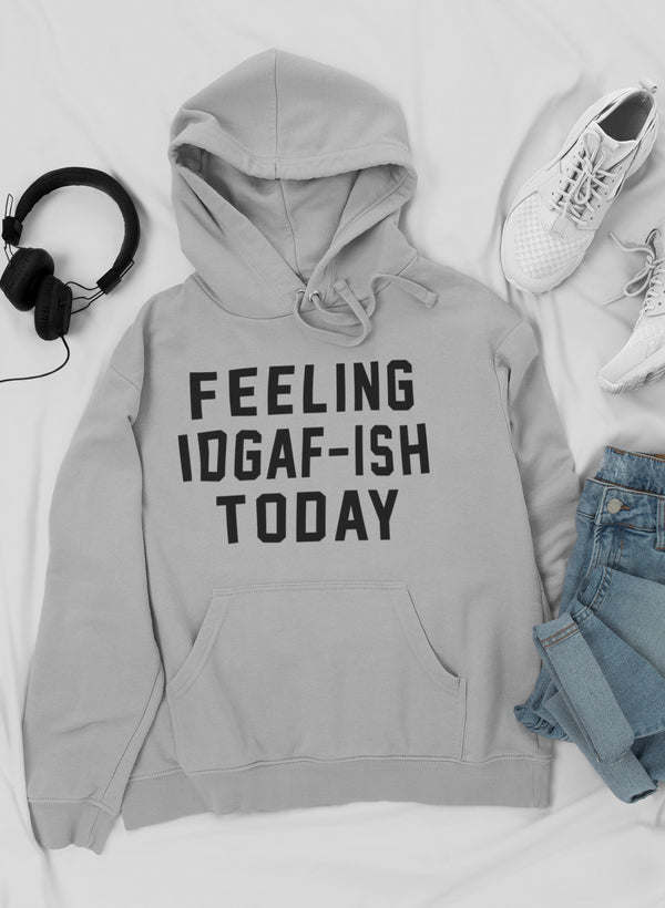 Gray heather hoodie with large front text graphic, drawstring hood, and kangaroo pocket