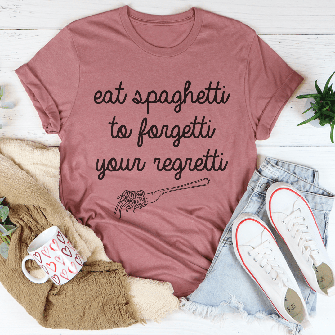 Mauve T-shirt with spaghetti quote and pasta illustration graphic
