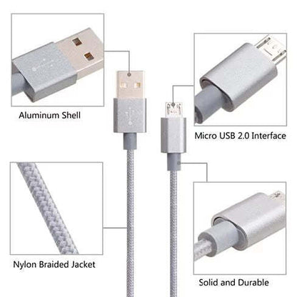 Silver charging cables with aluminum shells, nylon braided jacket, USB and micro USB 2.0