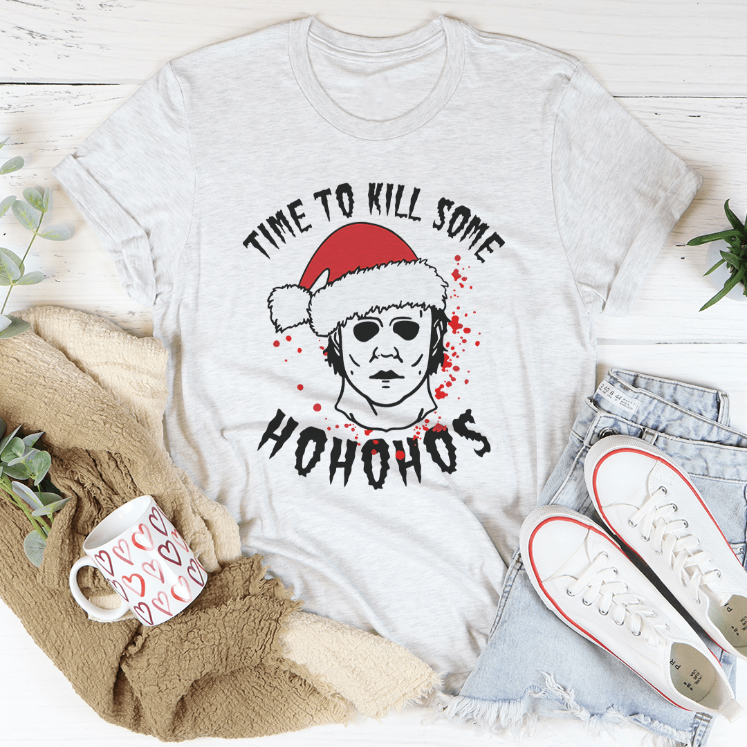 Light grey T-shirt with Santa hat face graphic and red dot splatter front print