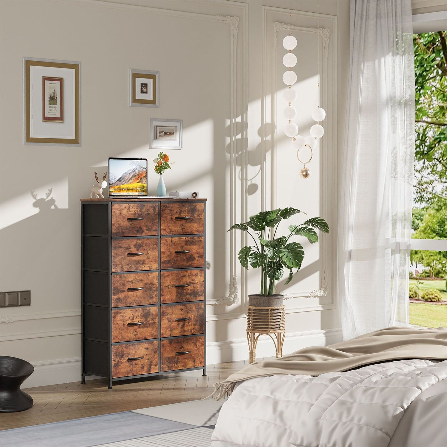 Bedside Table For Bedroom With 10 Fabric Drawers Storage Cabinet Steel Frame Closet For Clothes Storage Display Cabinet