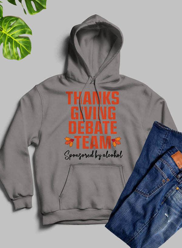 Heather gray hoodie with hood and “Thanks Giving Debate Team” graphic on chest.