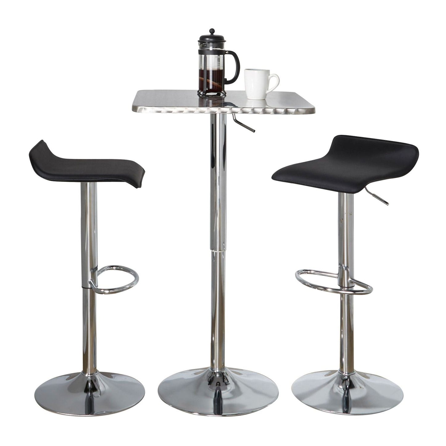 Bistro Square-Ale Contemporary Adjustable Bar Set in Silver and Chrome Metal with Black PVC and Oval Footrest by - 3 Piece