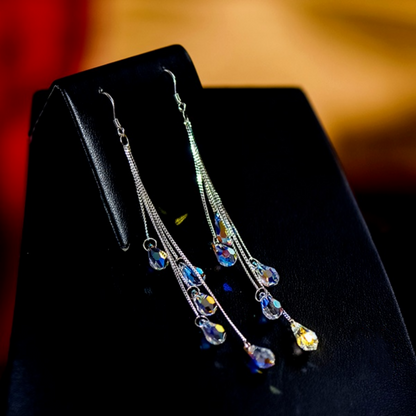 Long silver chain dangle earrings with multicolor teardrop crystal drops