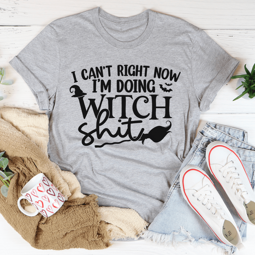 Heather gray crewneck T-shirt with large witch-themed graphic on the front.