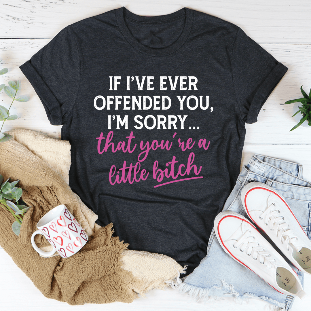 Dark charcoal crewneck graphic T-shirt with pink script and white block text, front view