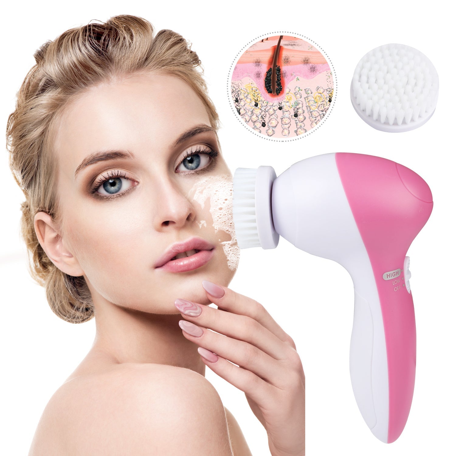 Electric face cleansing brush with round bristle head held against cheek