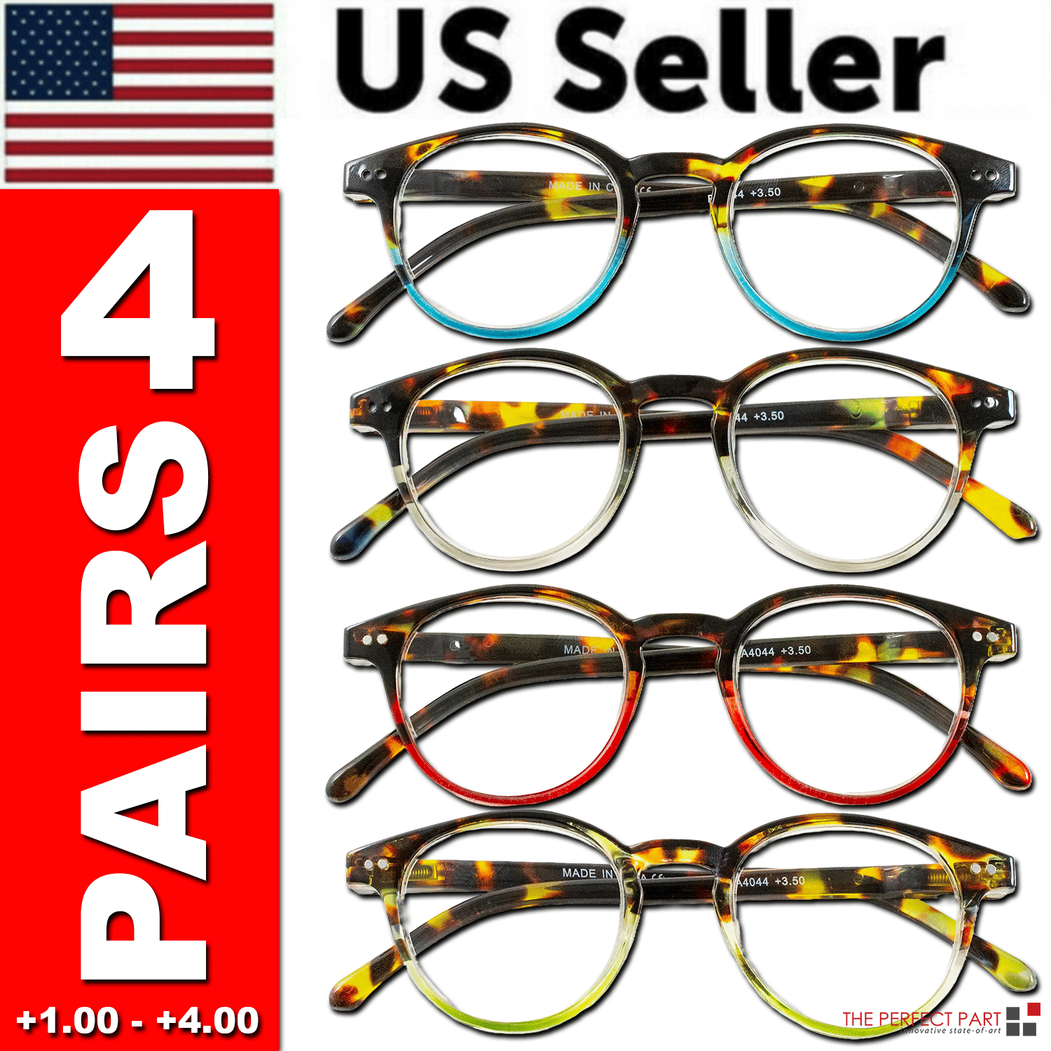 4-pack tortoiseshell round reading glasses with clear lenses and blue metal accents