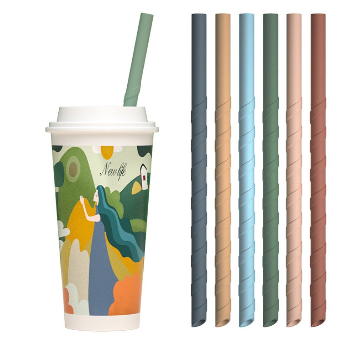 Reusable silicone drinking straws set with green straw in a to-go cup