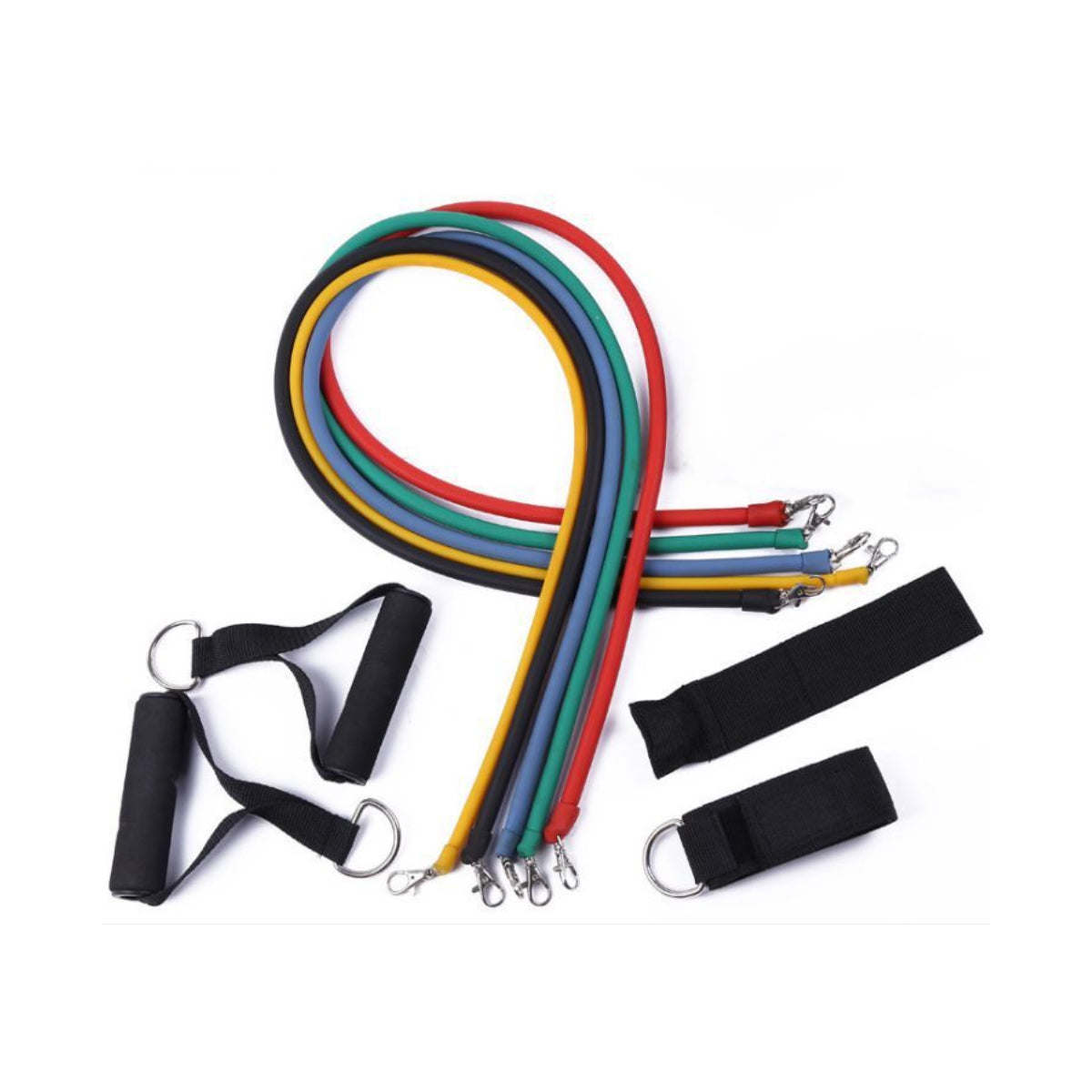 Multicolor resistance bands with black ankle straps and metal clips
