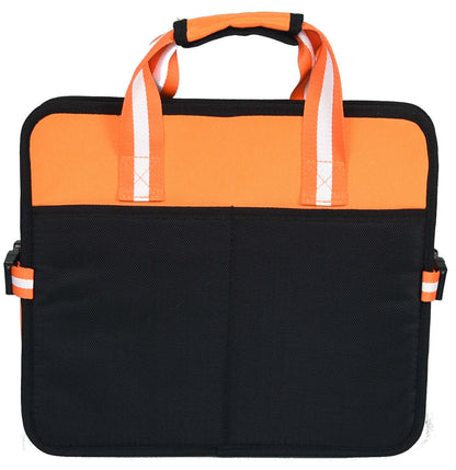 Folding travel pet bed in orange and black with two top carry handles.