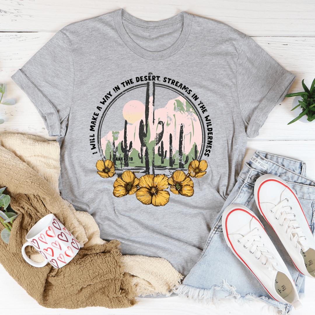 Gray crewneck cactus desert graphic T-shirt with yellow flower print