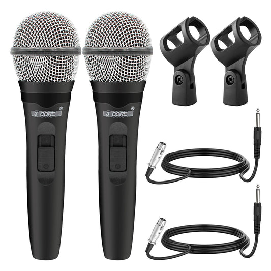 Set of two black handheld dynamic microphones with silver mesh heads, clips, and wired cables