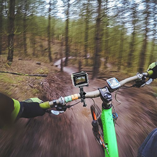 Action camera in waterproof housing with handlebar mount and small front screen
