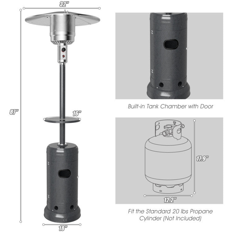 Standing propane patio heater with round side table and tall burner pole, black base