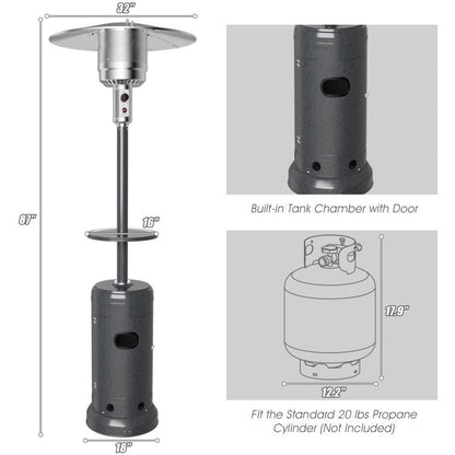 Standing propane patio heater with round side table and tall burner pole, black base