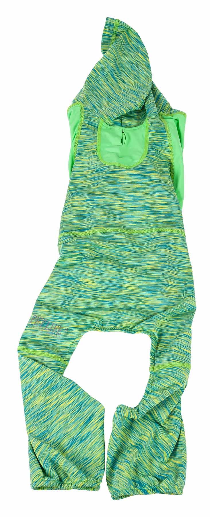 Dog full-body hoodie flat view, two-tone neon green and blue heather, hood and zip