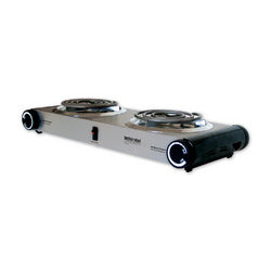 Stainless steel dual electric burner with two coil hotplates and two black control knobs