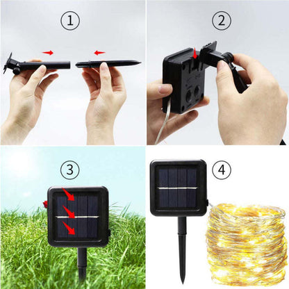 Solar light controller installation with hands pressing cables into a black solar unit