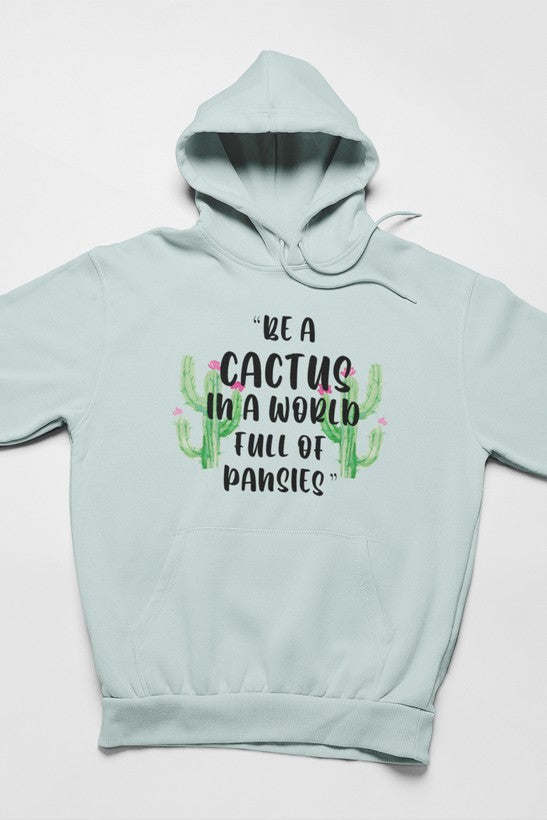 Dusty blue cactus graphic hoodie with front kangaroo pocket and drawstring hood