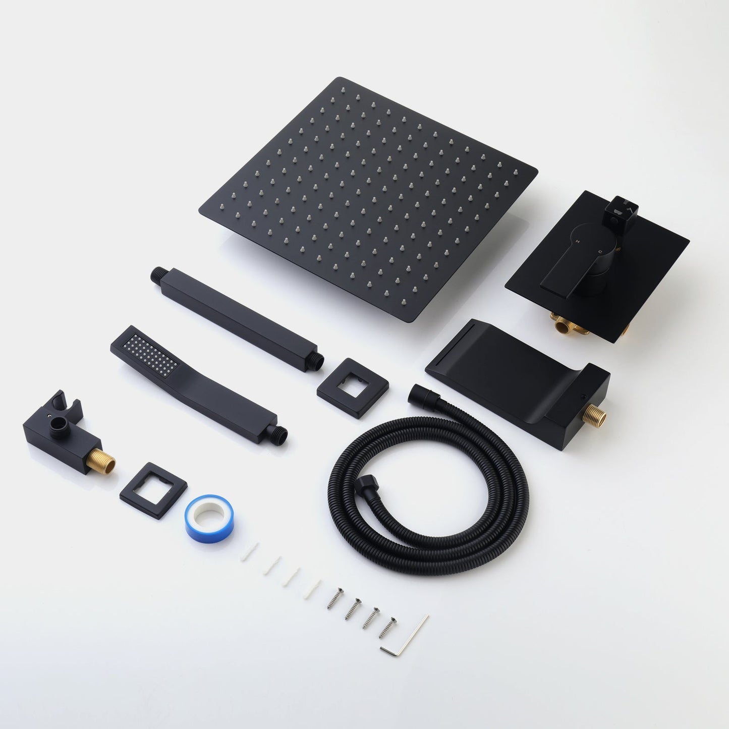 Matte black shower faucet set components kit: rain head, bar, handheld, hose, fittings